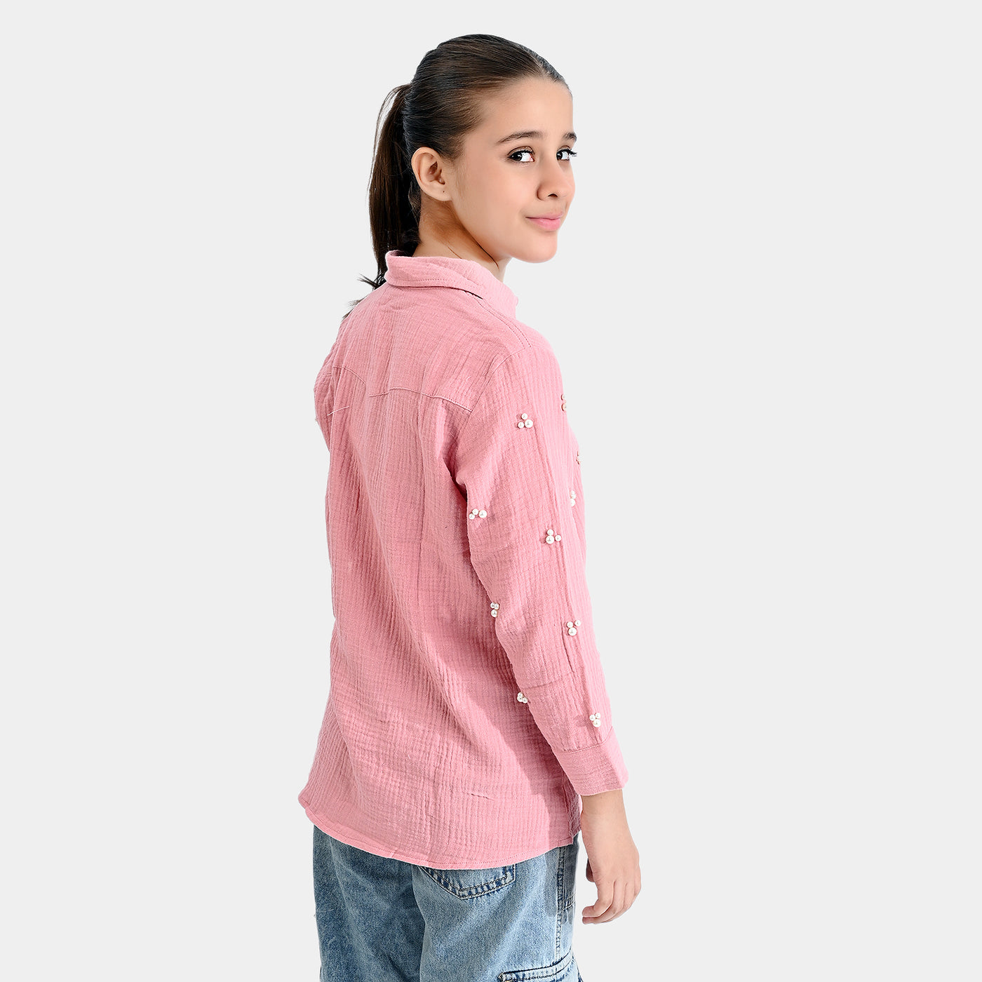 Girls Cotton Emb Top Little Pearls-Pink