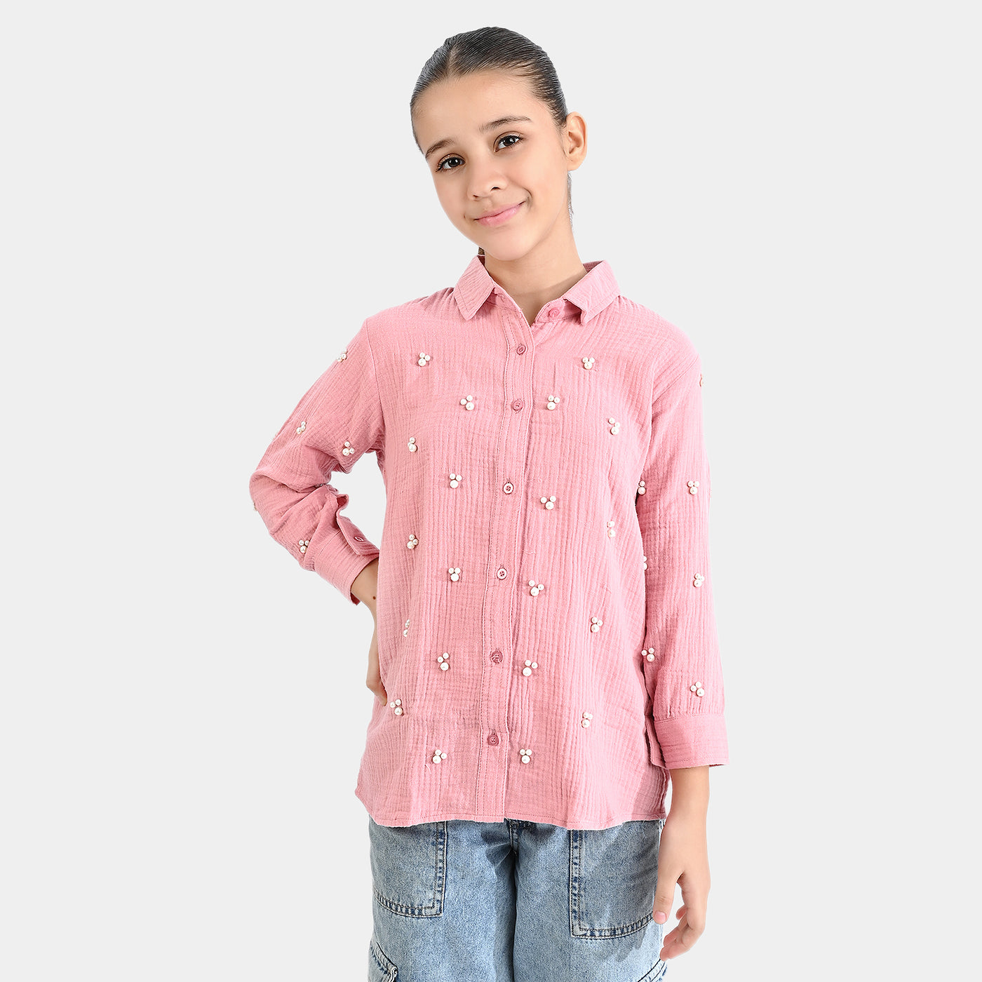 Girls Cotton Emb Top Little Pearls-Pink