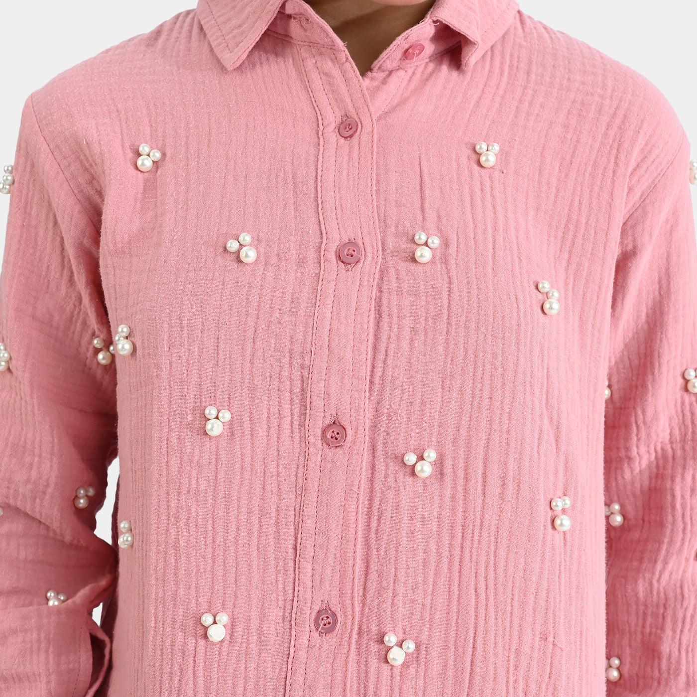 Girls Cotton Emb Top Little Pearls-Pink