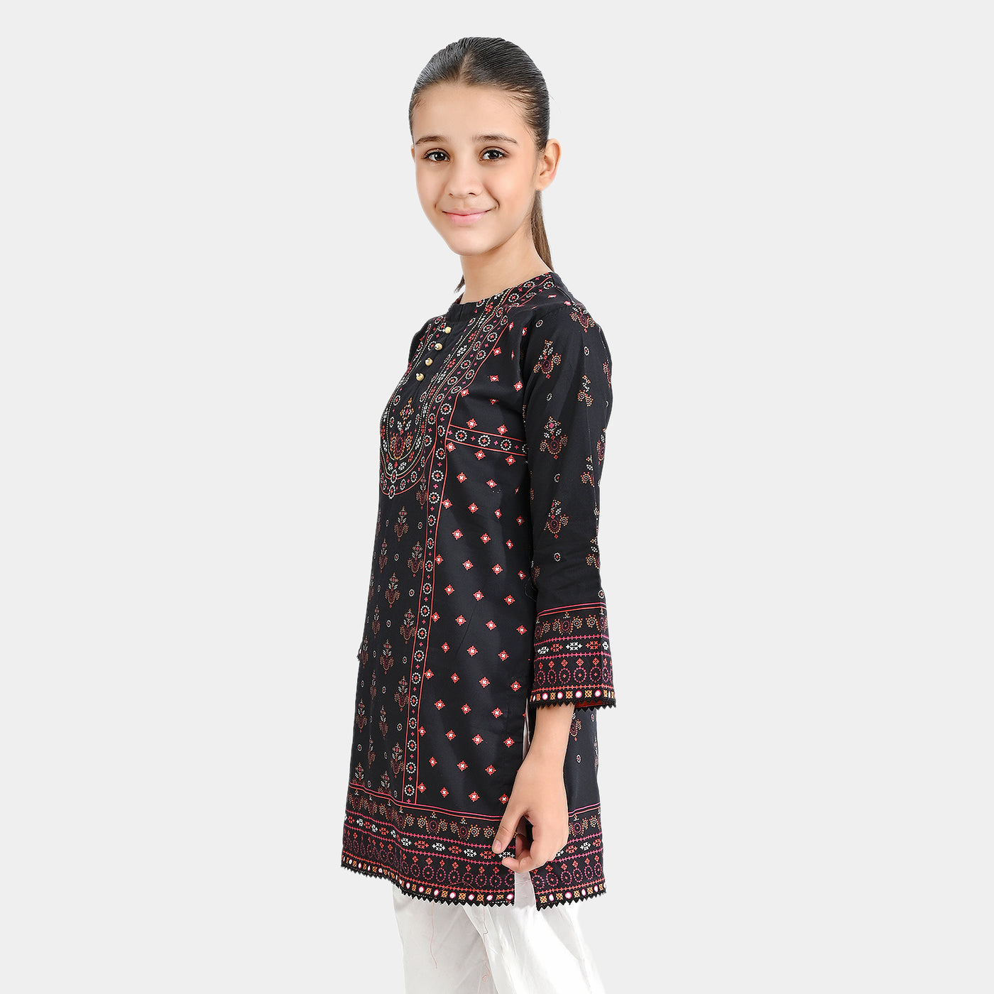 Girls Cotton Poplin Printed Kurti Sindhi Art-BLACK