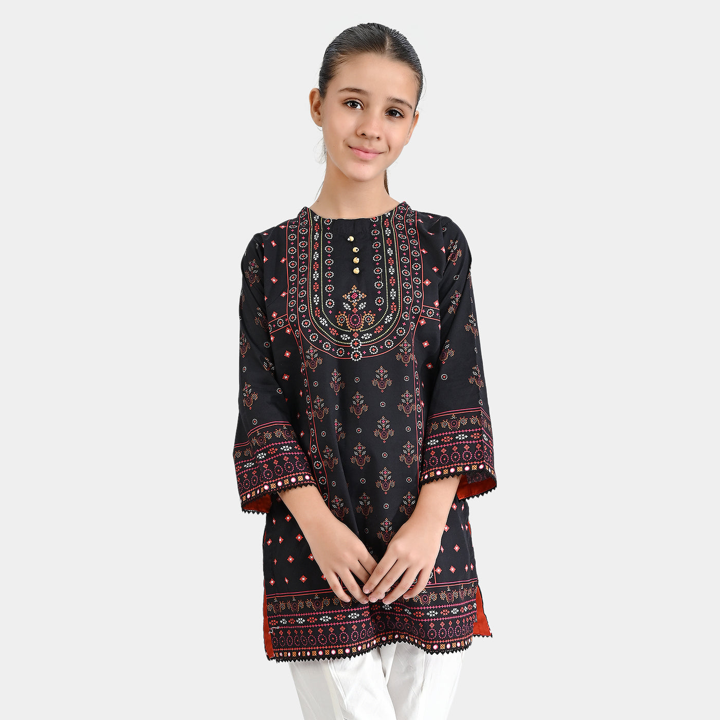 Girls Cotton Poplin Printed Kurti Sindhi Art-BLACK