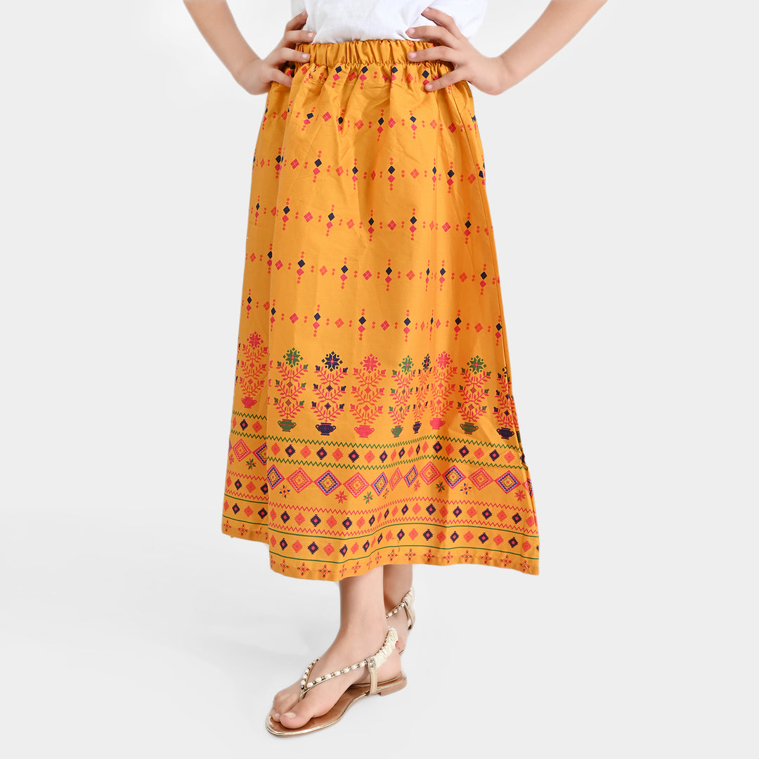 Girls Cotton Poplin Long Skirt-Mustard