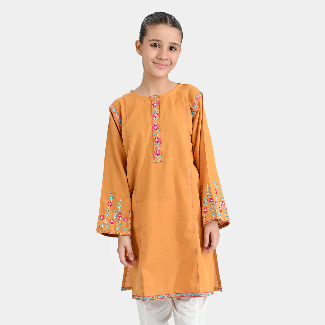 Girls Cotton Slub Embroidered Kurti Glimmer-Mustard