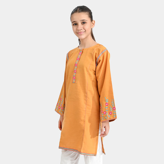 Girls Cotton Slub Embroidered Kurti Glimmer-Mustard