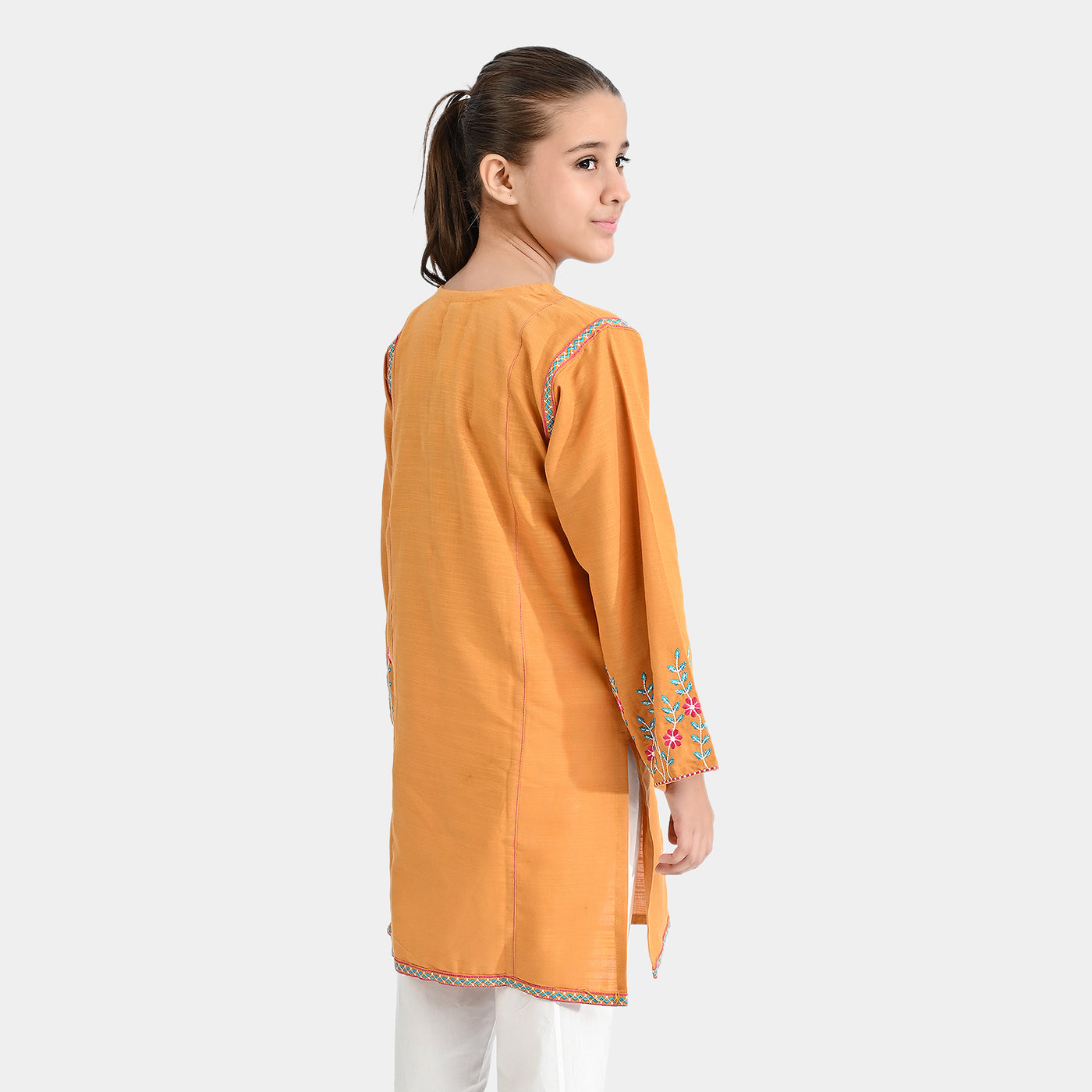 Girls Cotton Slub Embroidered Kurti Glimmer-Mustard