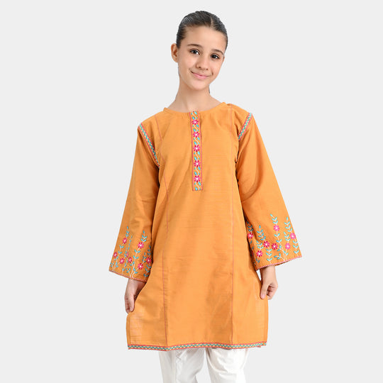 Girls Cotton Slub Embroidered Kurti Glimmer-Mustard