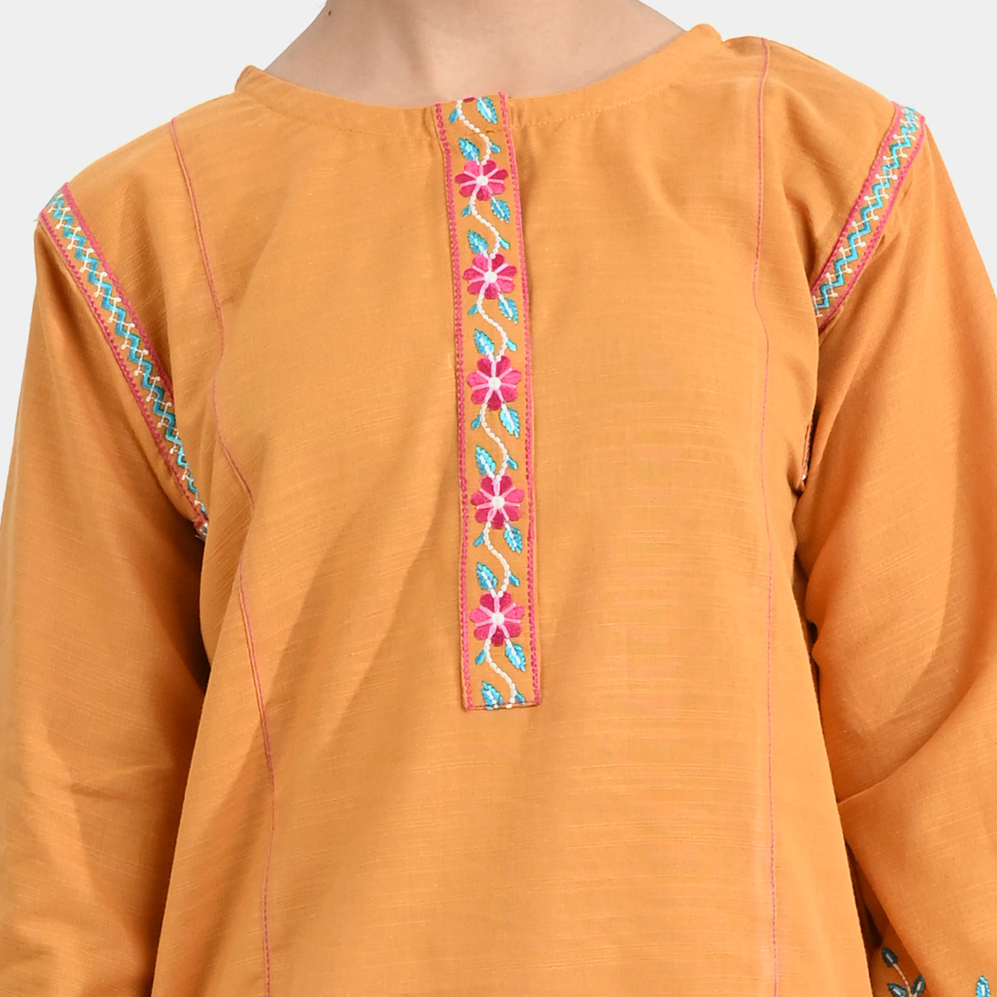 Girls Cotton Slub Embroidered Kurti Glimmer-Mustard