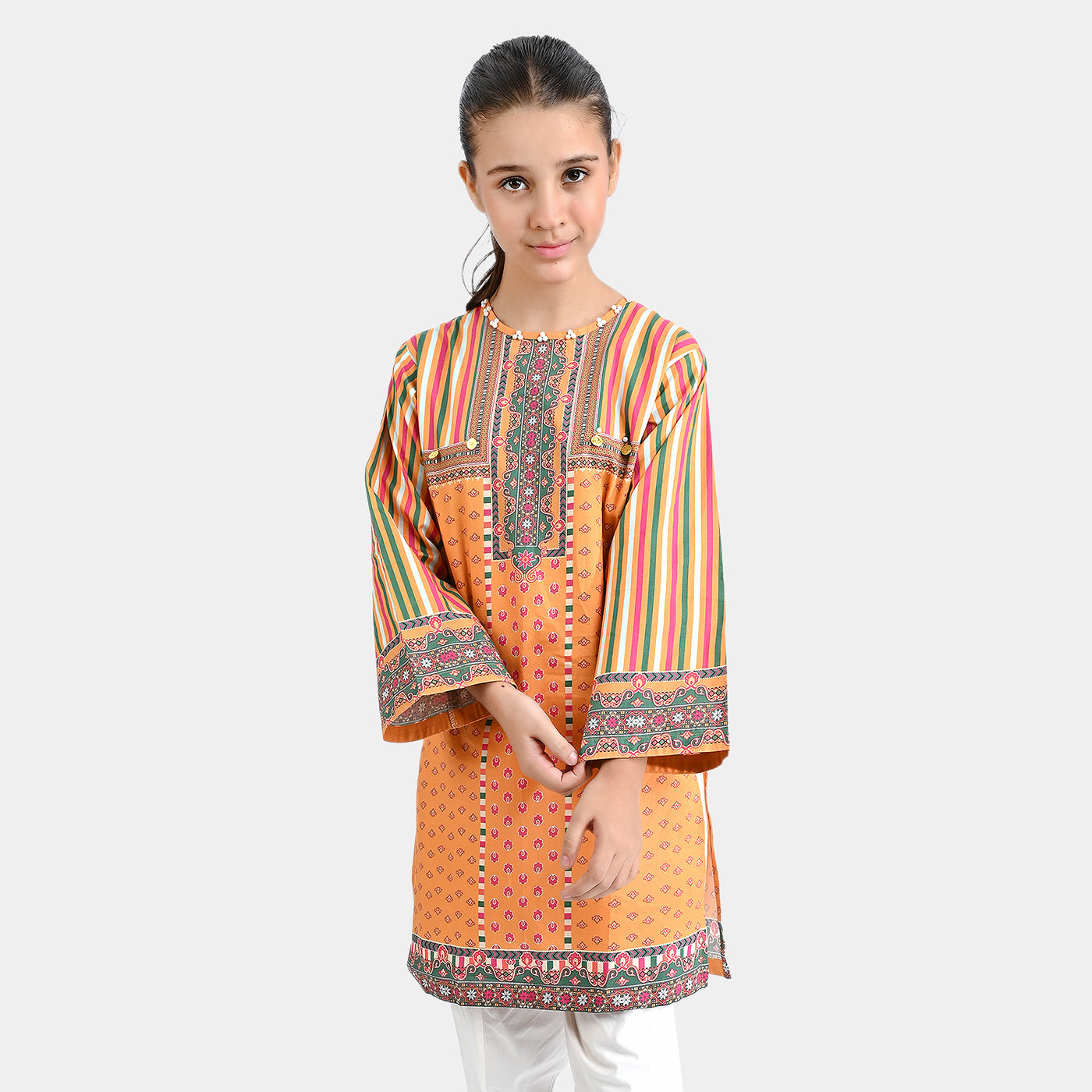 Girls Cotton Poplin Printed Kurti Magi Gold-Multi