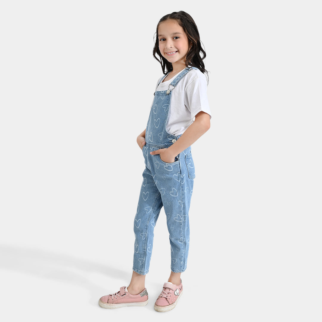 Girls Denim rigid Dangri Hearts-LT.Blue