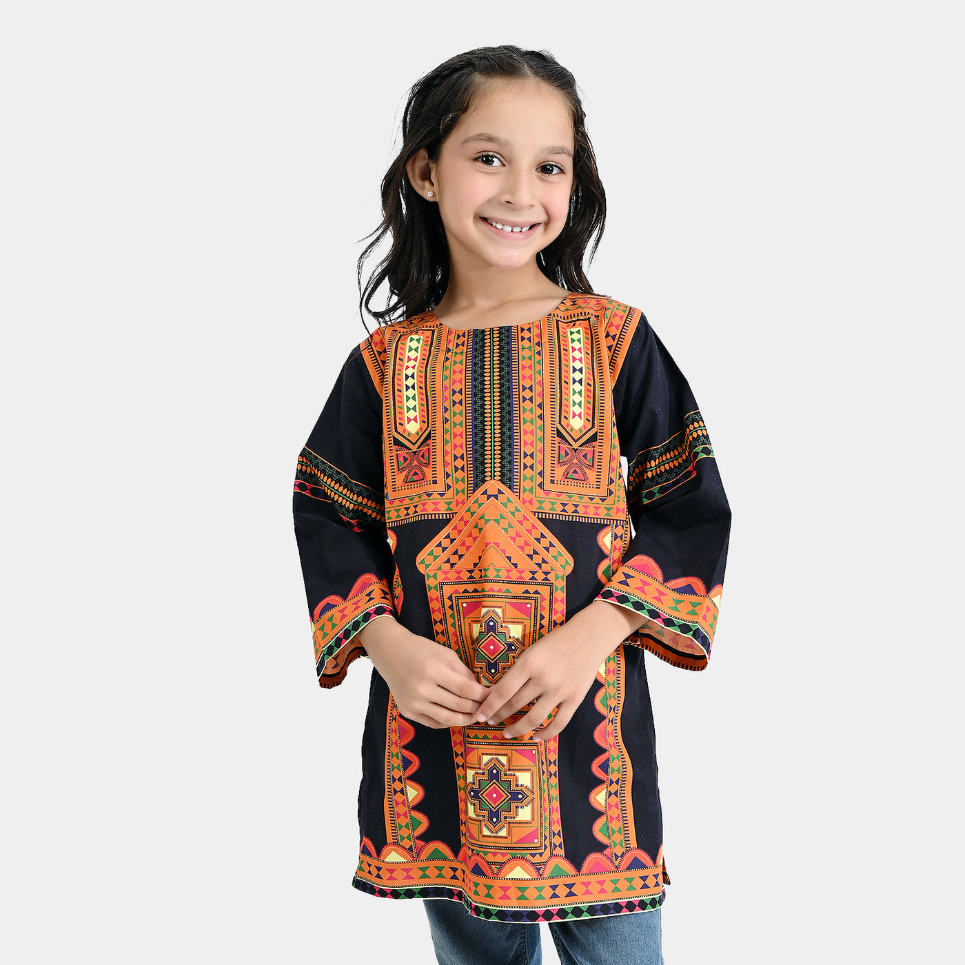 Girls Cotton Poplin Printed Kurti Black Gold-BLACK