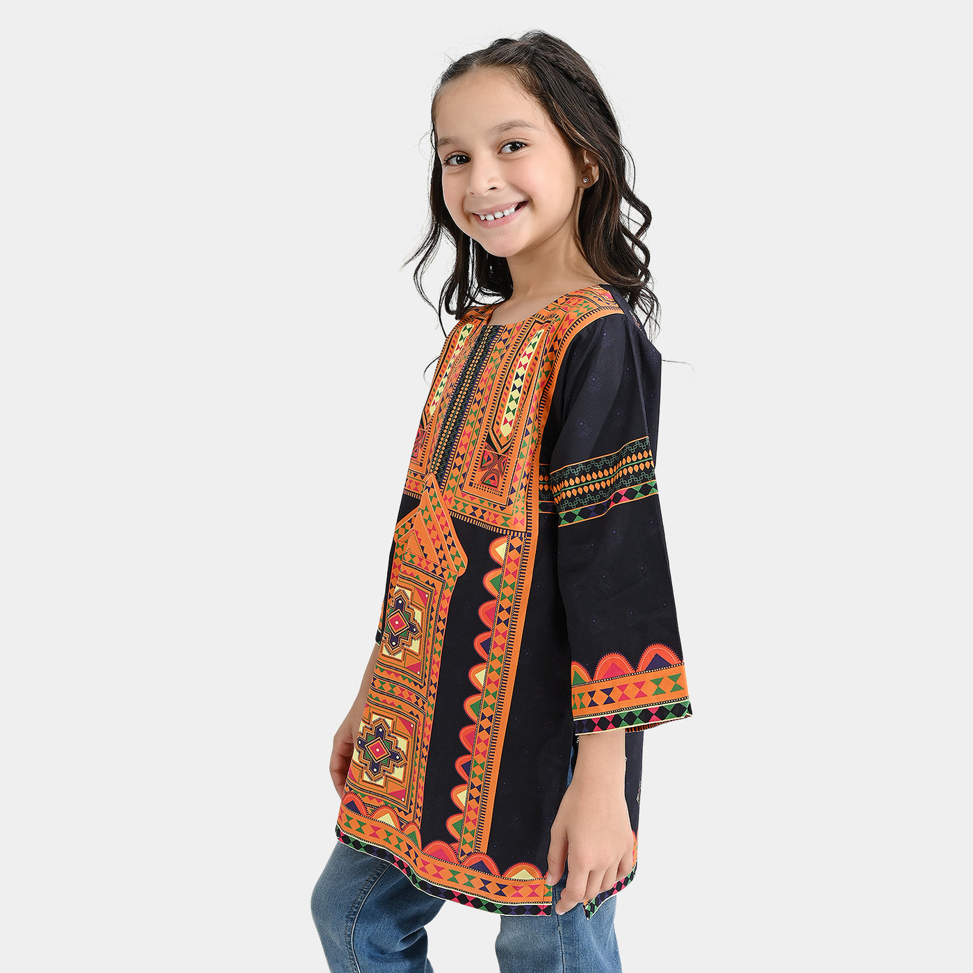 Girls Cotton Poplin Printed Kurti Black Gold-BLACK