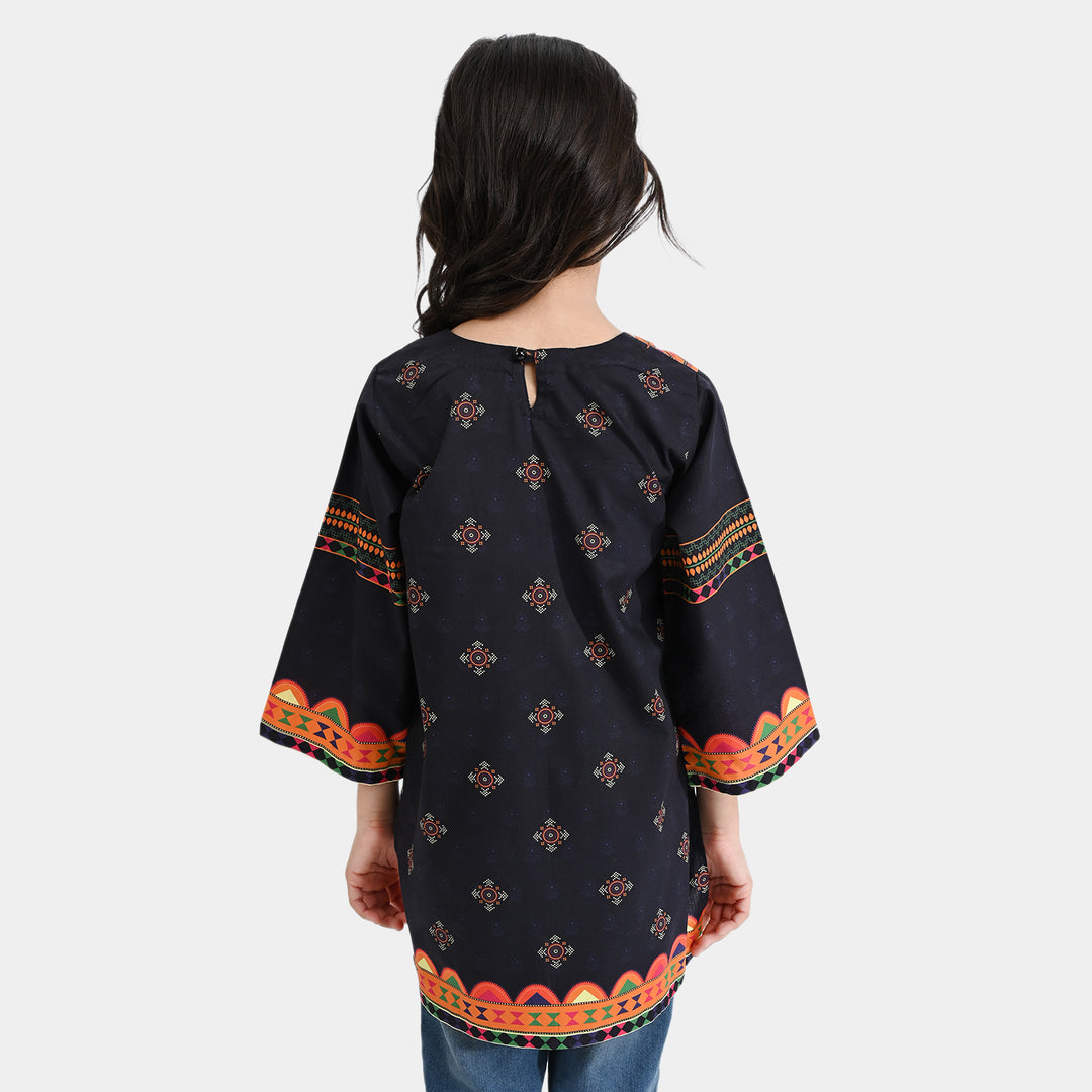 Girls Cotton Poplin Printed Kurti Black Gold-BLACK