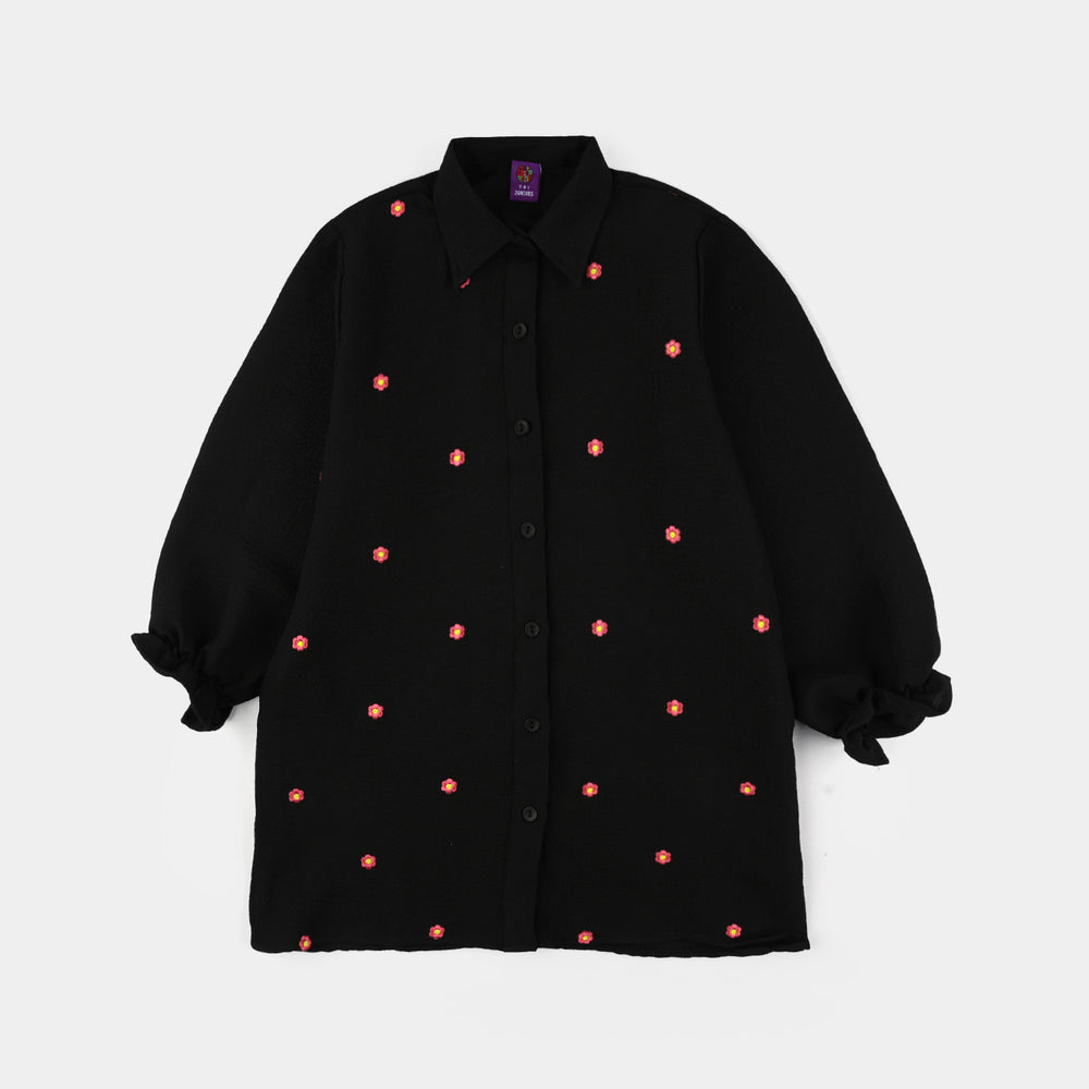 Girls Poly Crinkle Embroidered Co-Ord Set (Floral Set) – Black