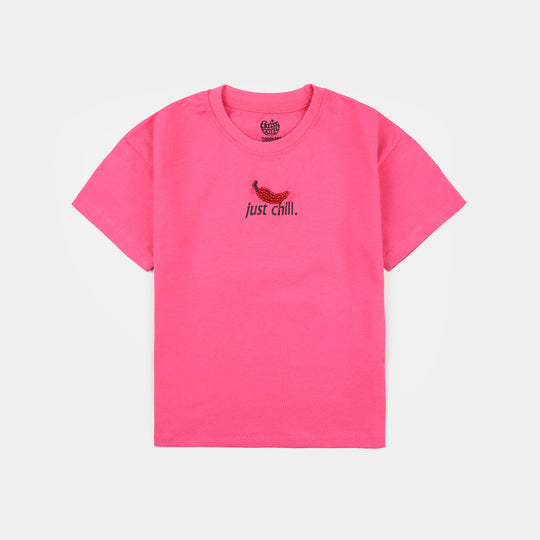 Girls Jersey/Terry T-Shirt (Just Chill) - Hot Pink