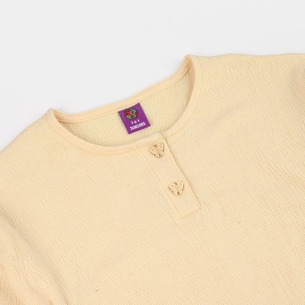 Girls Poly Crinkle Knitted Frock-Yellow