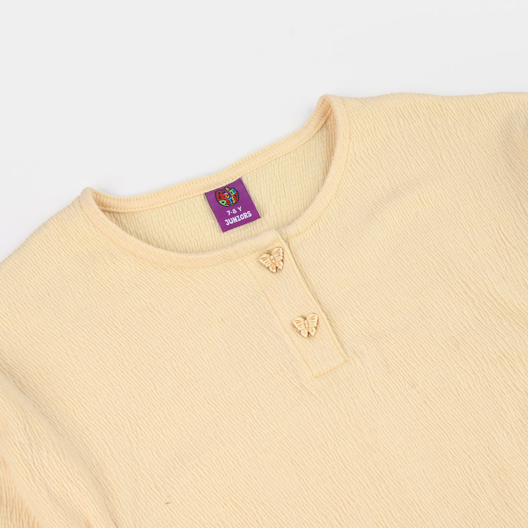 Girls Poly Crinkle Knitted Frock-Yellow