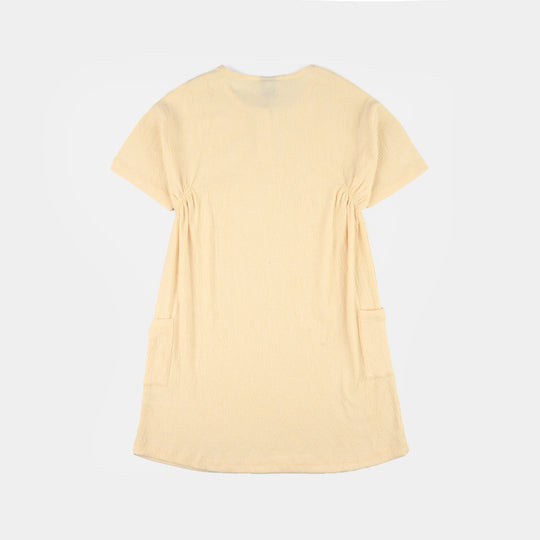 Girls Poly Crinkle Knitted Frock-Yellow