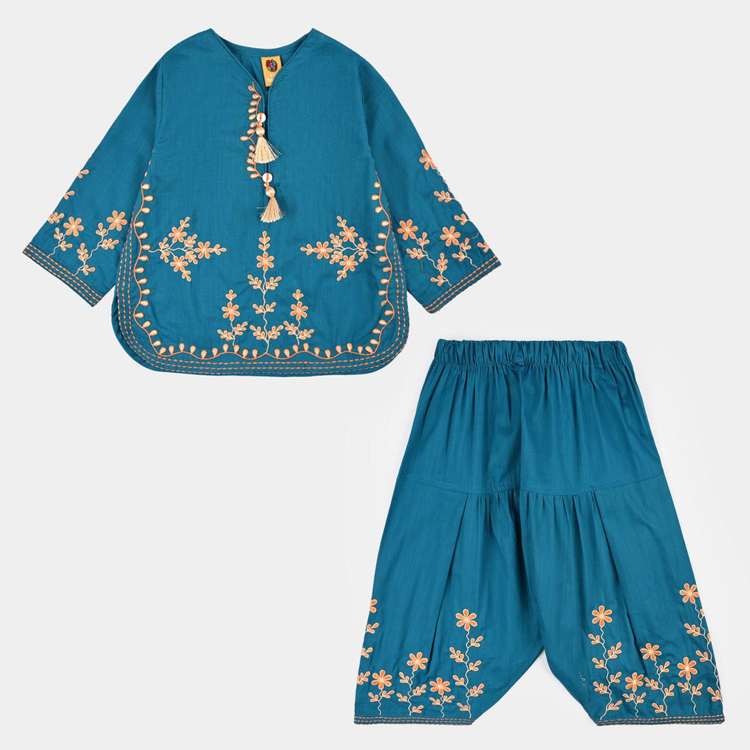 Girls Cotton Slub EMB 2 Pc Suit Noori-BLUE
