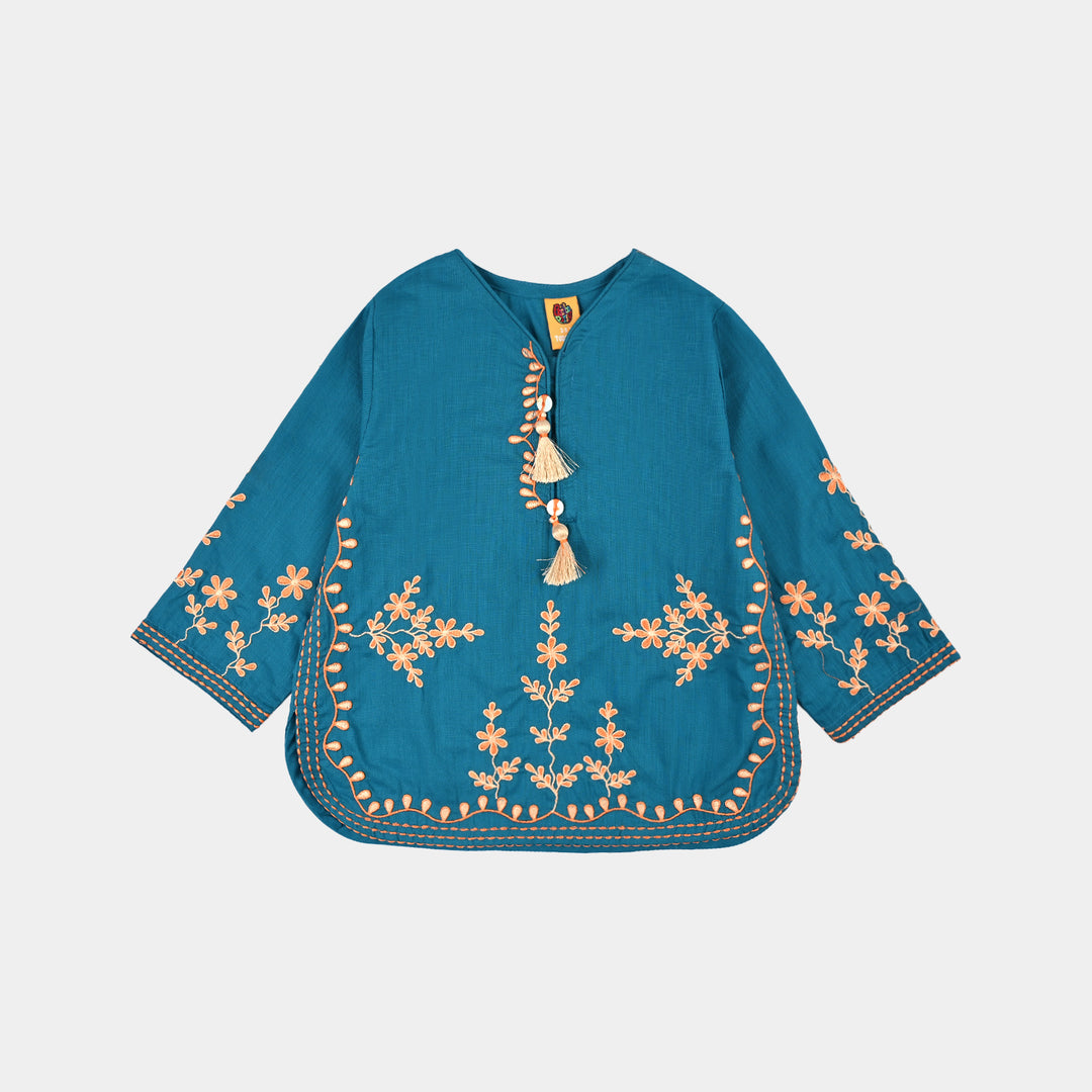 Girls Cotton Slub EMB 2 Pc Suit Noori-BLUE