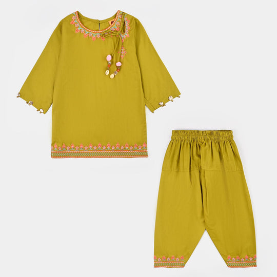 Girls Cotton Emb 2Piece Sada Bahar- Olive Green