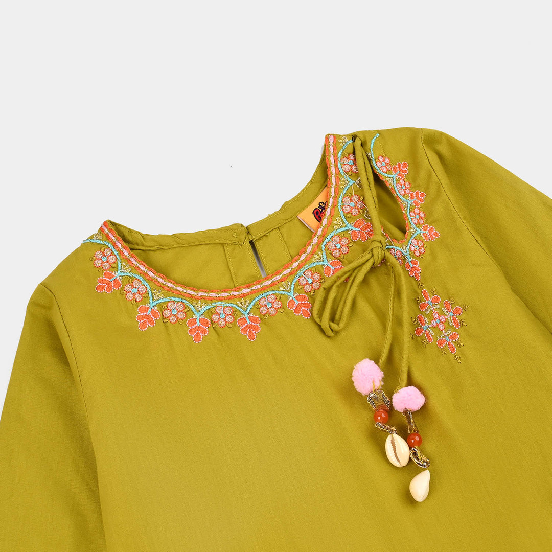 Girls Cotton Emb 2Piece Sada Bahar- Olive Green