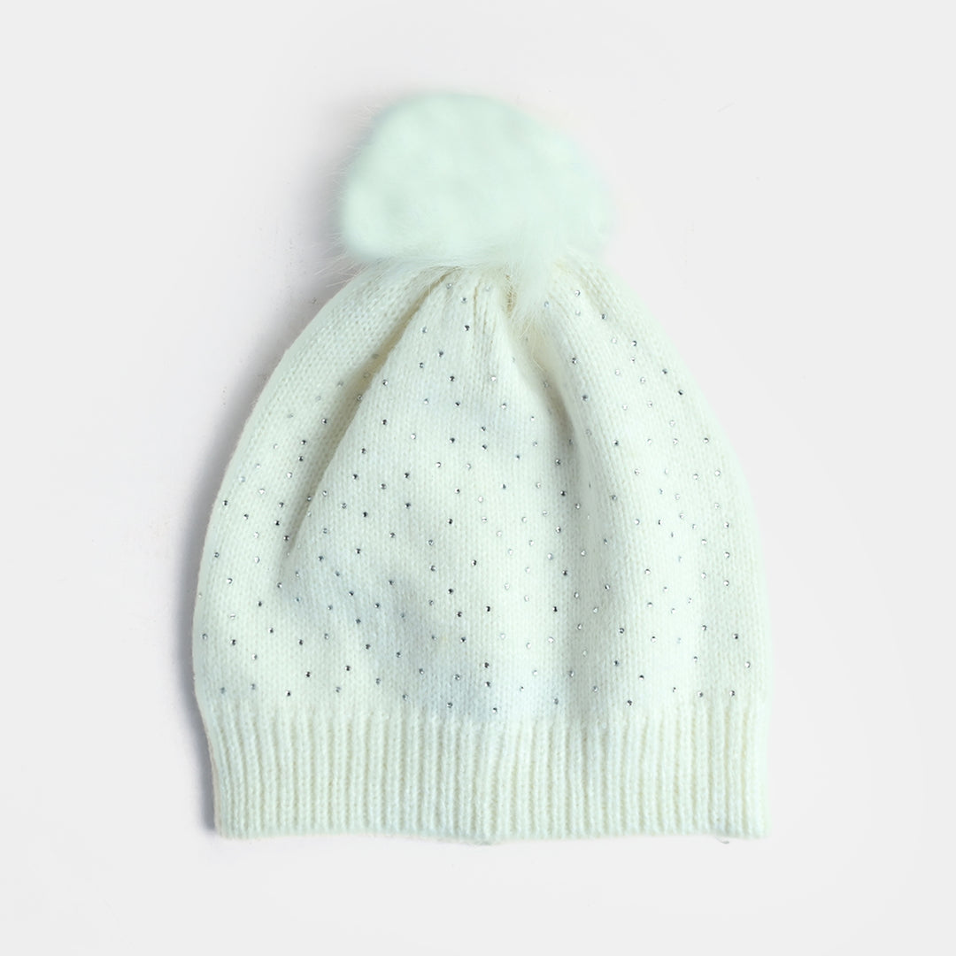 Girls Acrylic Woolen Cap-Studs-Off.White