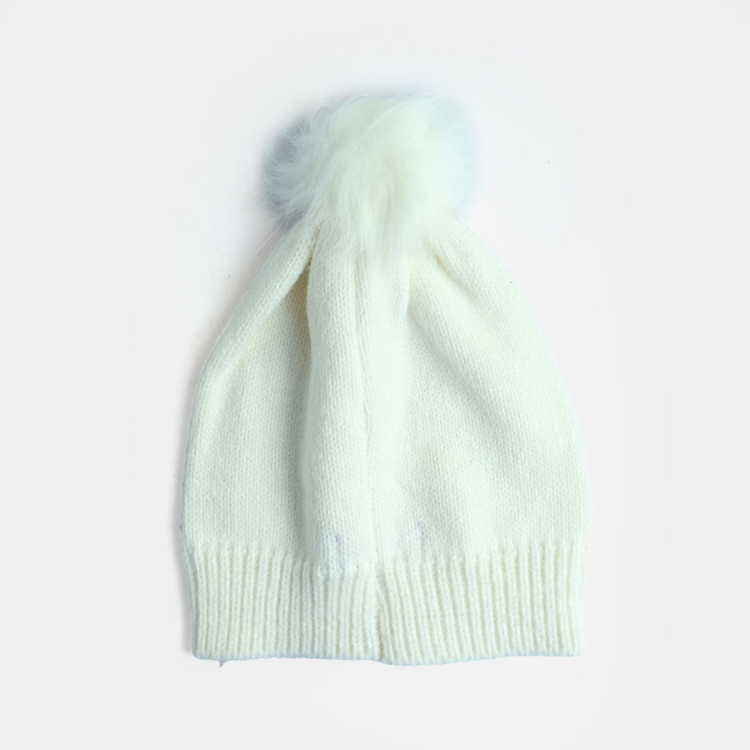 Girls Acrylic Woolen Cap-Studs-Off.White