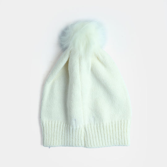 Girls Acrylic Woolen Cap-Studs-Off.White