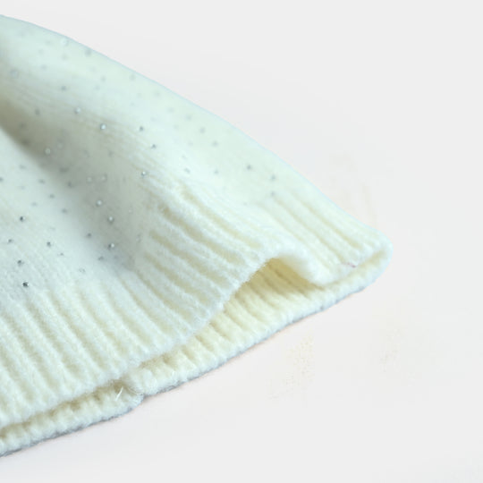 Girls Acrylic Woolen Cap-Studs-Off.White