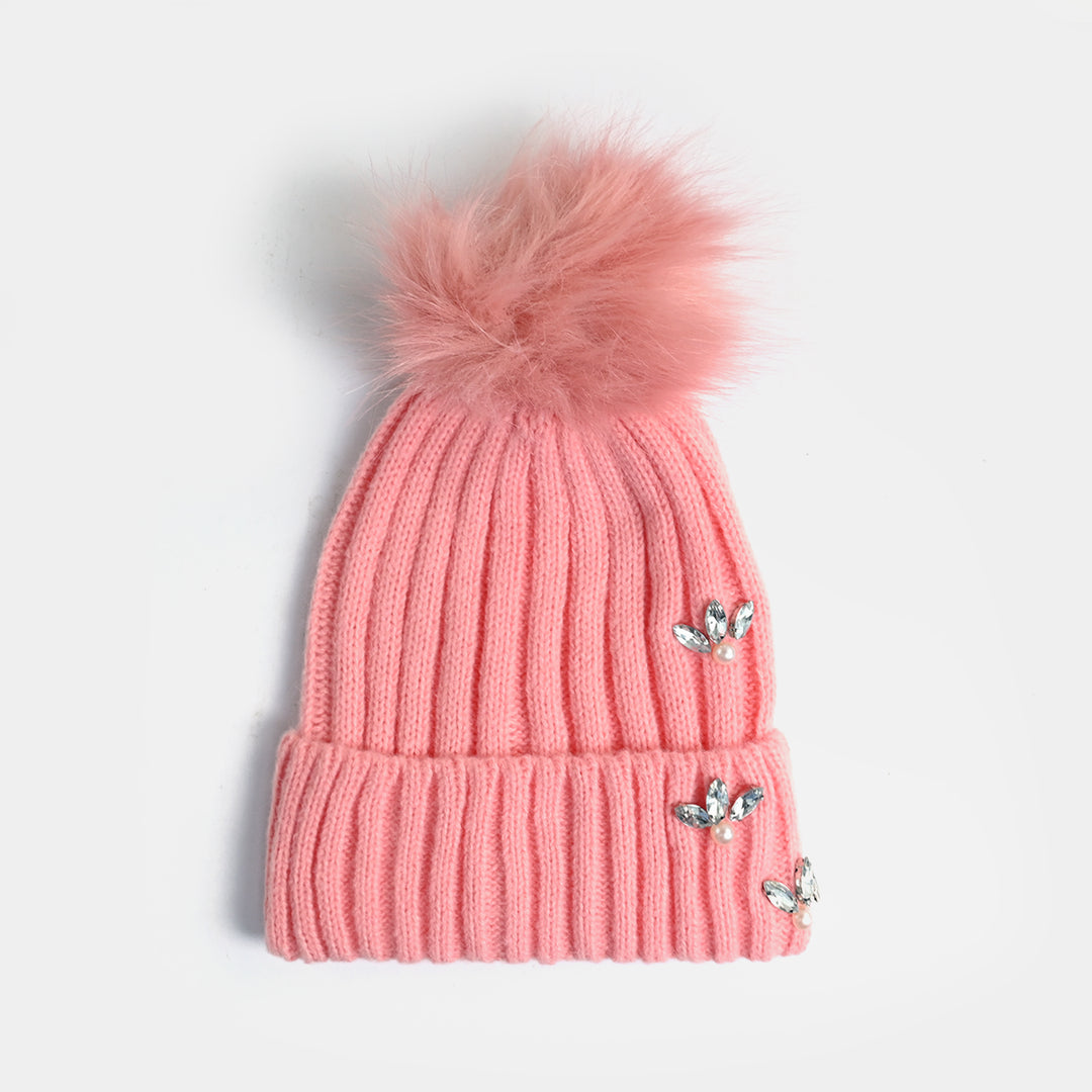 Girls Acrylic Woolen Cap-Diamonds-Tea.Pink