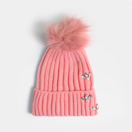 Girls Acrylic Woolen Cap-Diamonds-Tea.Pink