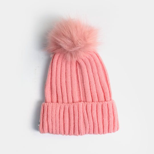 Girls Acrylic Woolen Cap-Diamonds-Tea.Pink