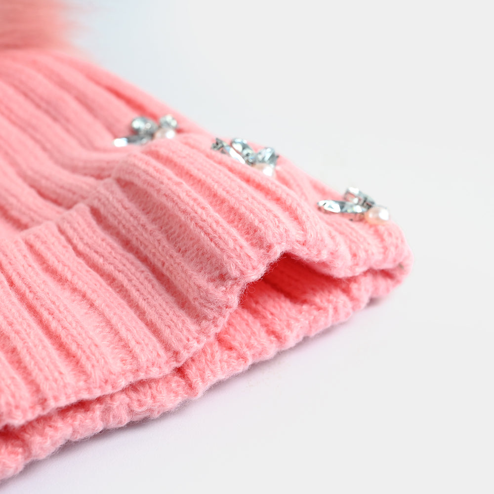 Girls Acrylic Woolen Cap-Diamonds-Tea.Pink