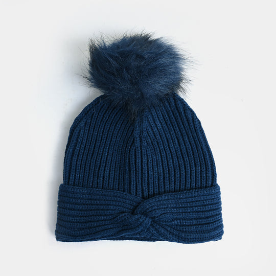 Girls Acrylic Woolen Cap-Cabling-Blue
