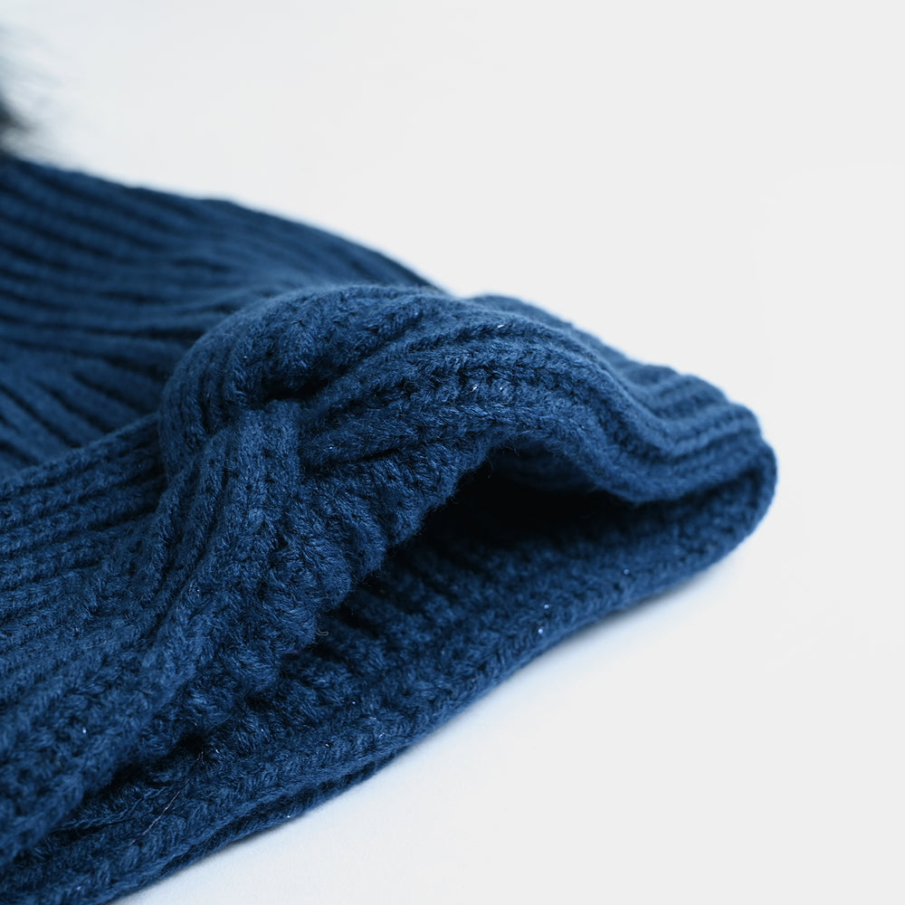 Girls Acrylic Woolen Cap-Cabling-Blue