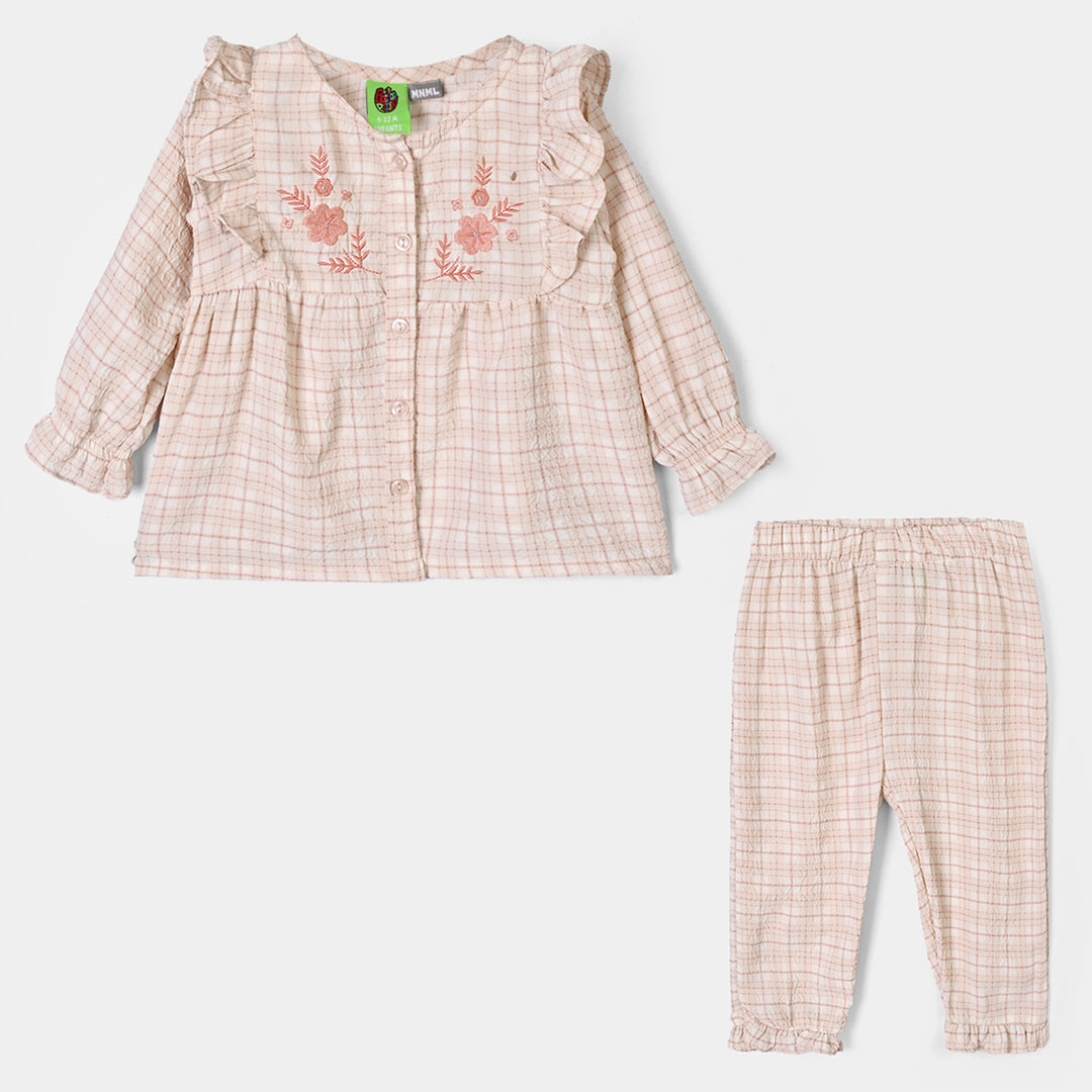 Infant Girls Poly Crinkle 2Pc Suit-CHECKERED-White.Brown.Check