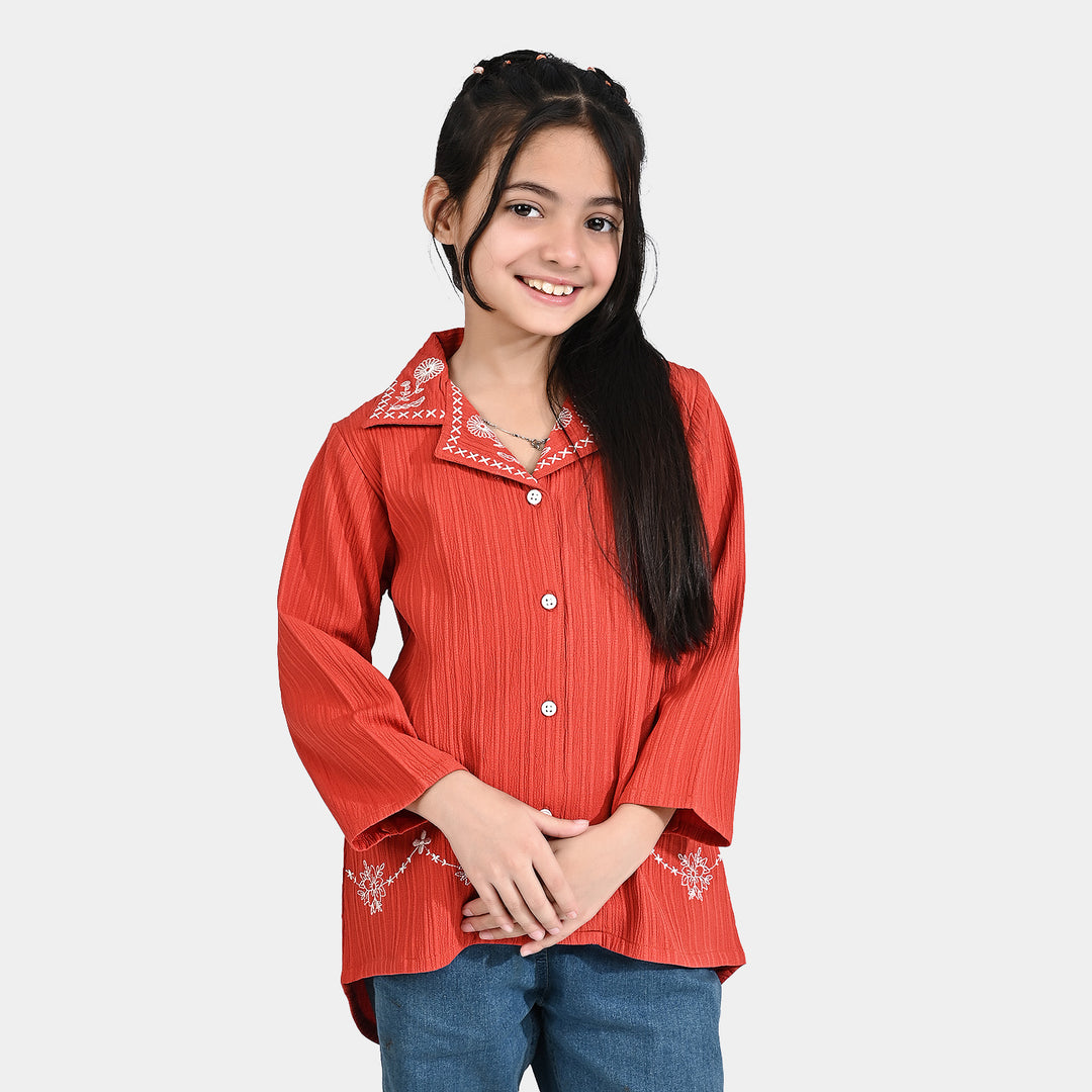 Girls Poly Cotton Emb Top Dahlia-Rust