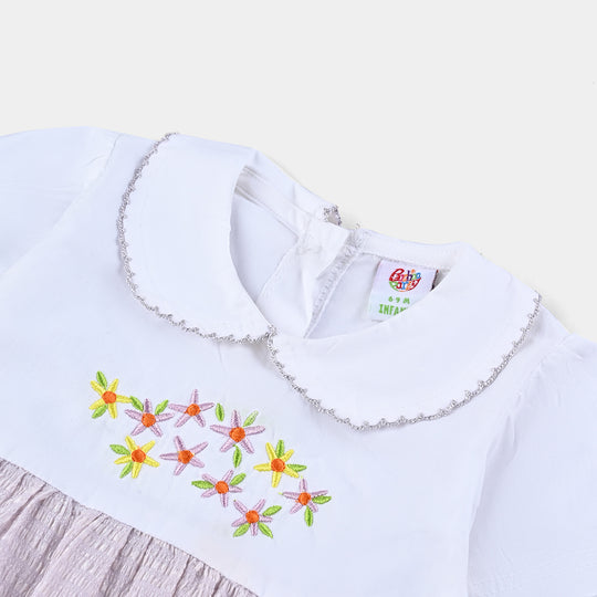 Girls Woven Romper Flower Bunch-White