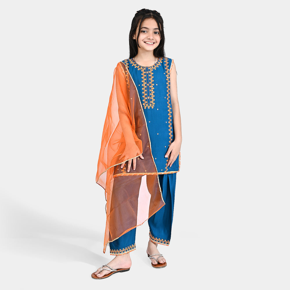 Girls Raw Silk 3 pcs Naqsh - Teal blue