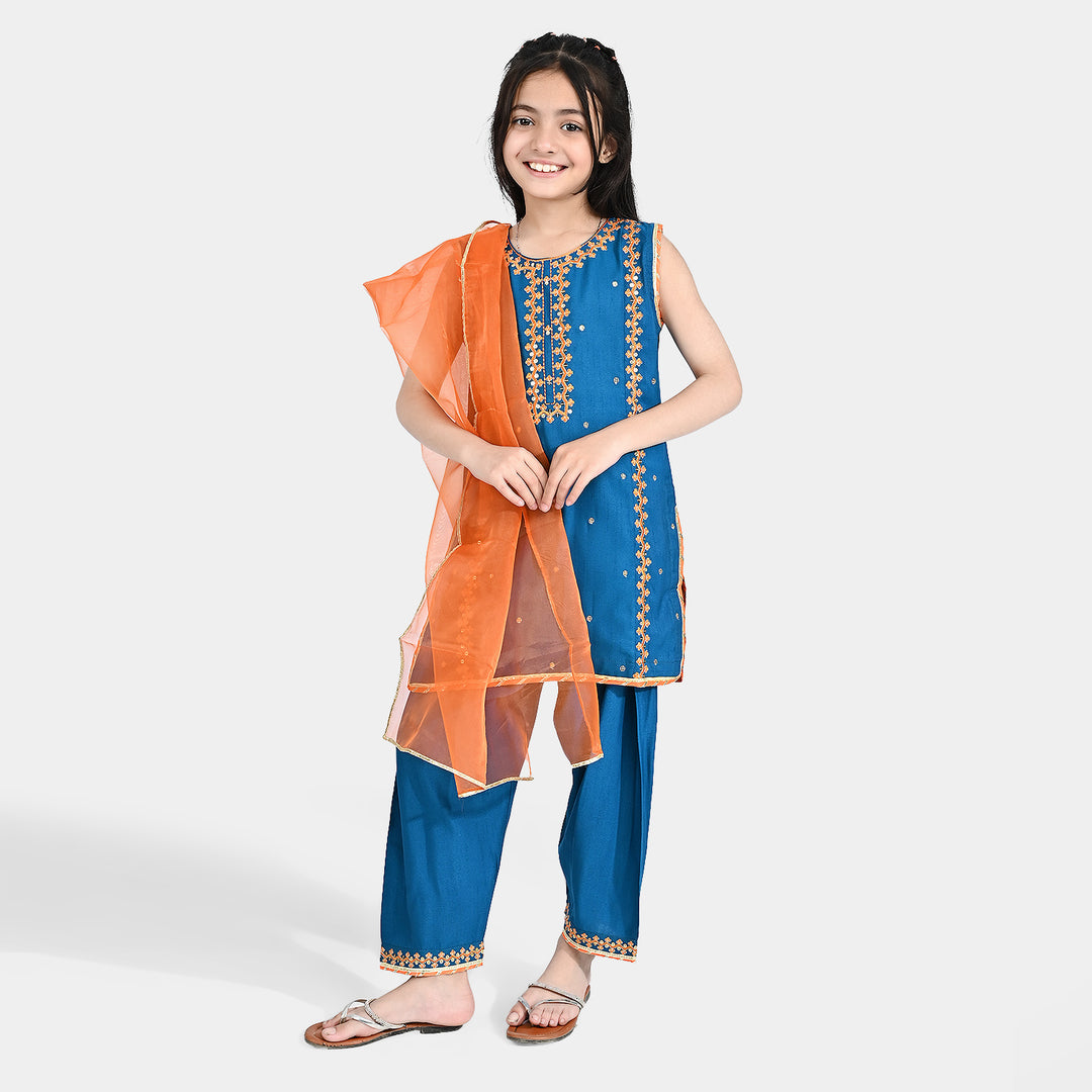 Girls Raw Silk 3 pcs Naqsh - Teal blue