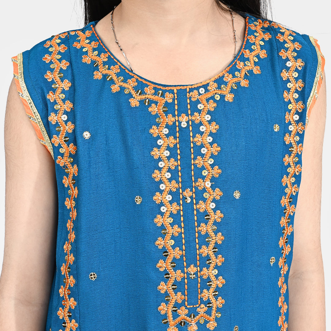 Girls Raw Silk 3 pcs Naqsh - Teal blue