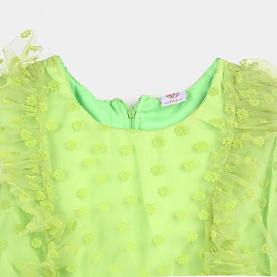 Girls Net Fancy Frock Flower-Green