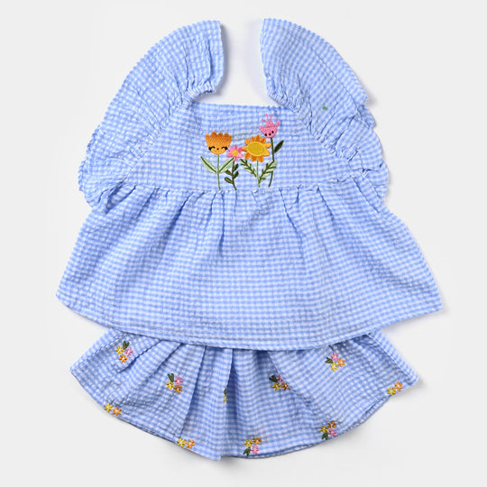 Infant Girls Poly Cotton Flower EMB 2PC Set -LT.Blue