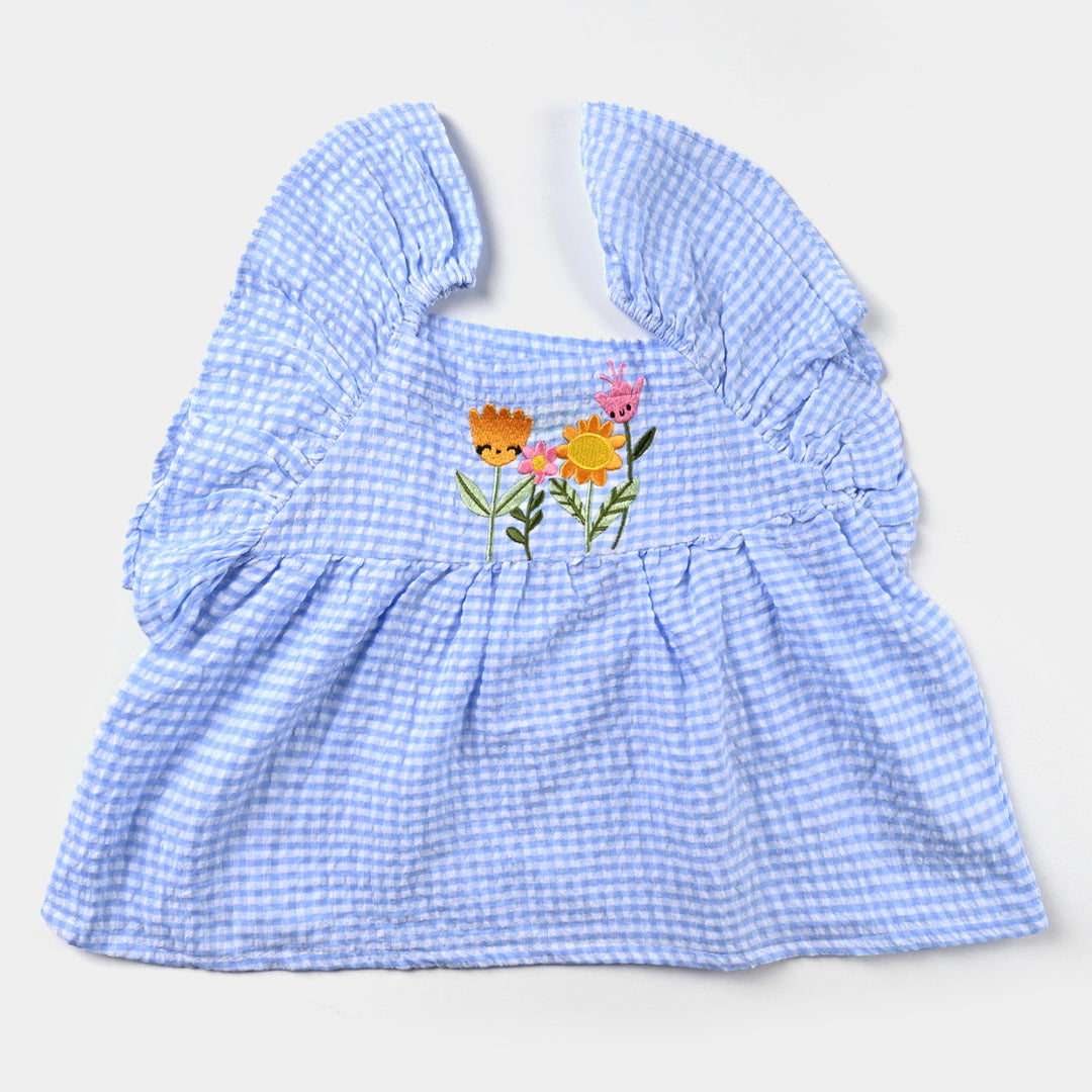 Infant Girls Poly Cotton Flower EMB 2PC Set -LT.Blue