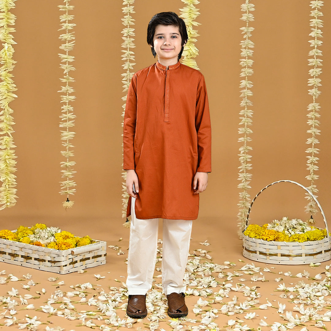 Boys Jacquard Embroidered Kurta (Tone On Tone)-Rust