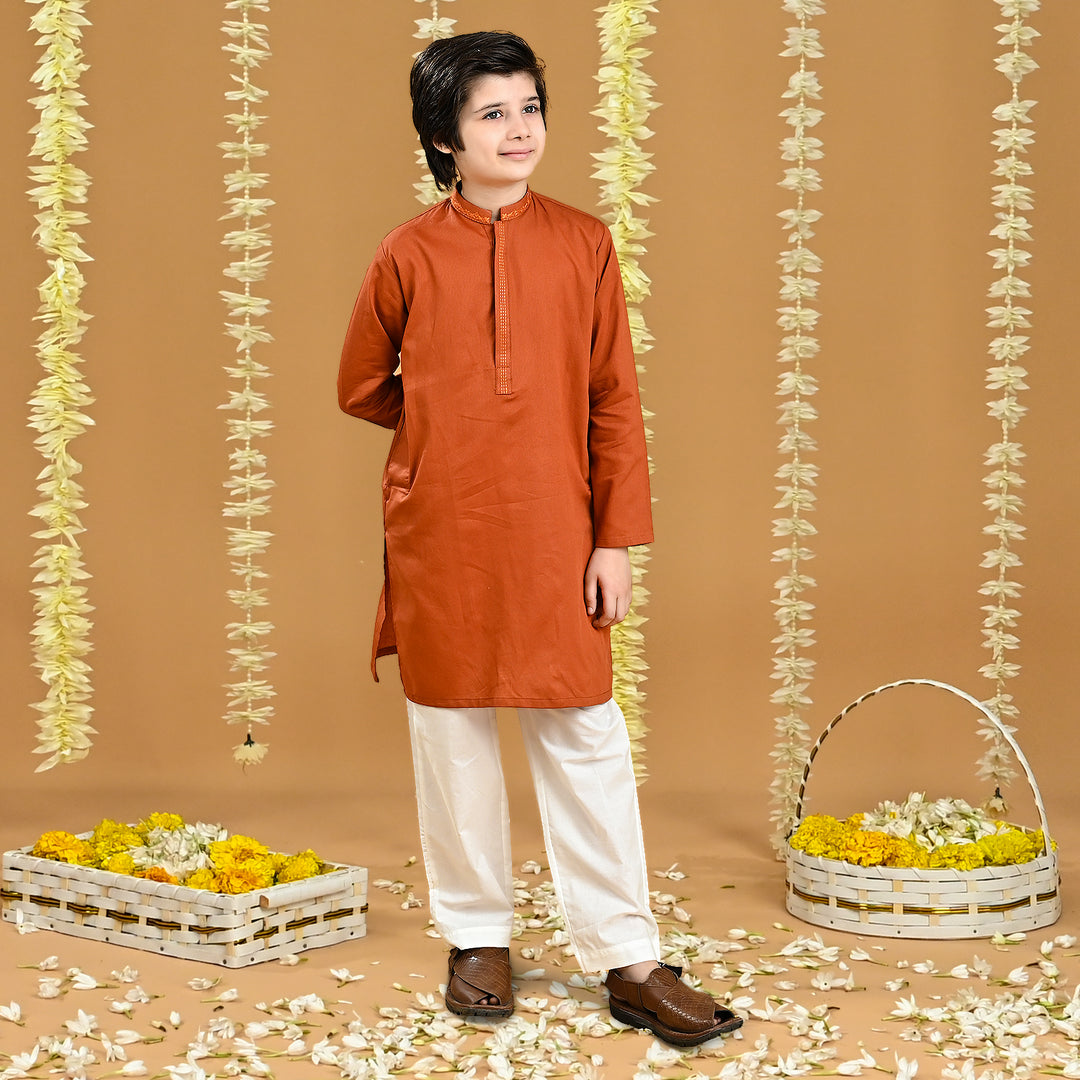 Boys Jacquard Embroidered Kurta (Tone On Tone)-Rust