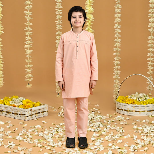 Boys Yarn Dyed Shalwar Suit (Front Pleat)-Peach