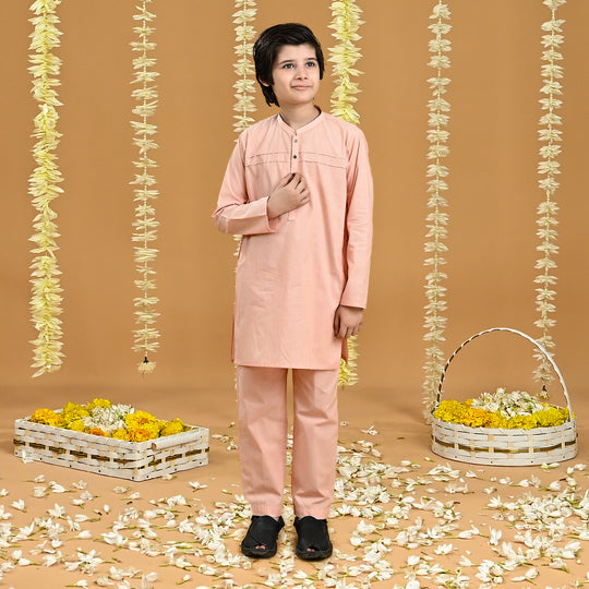 Boys Yarn Dyed Shalwar Suit (Front Pleat)-Peach