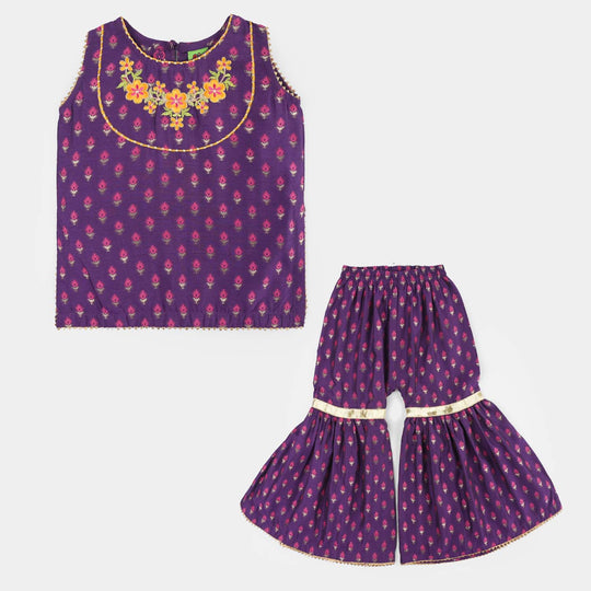 Infant Girls Cotton Jacquard Embroidered 2-Piece Set (Munni) - Purple