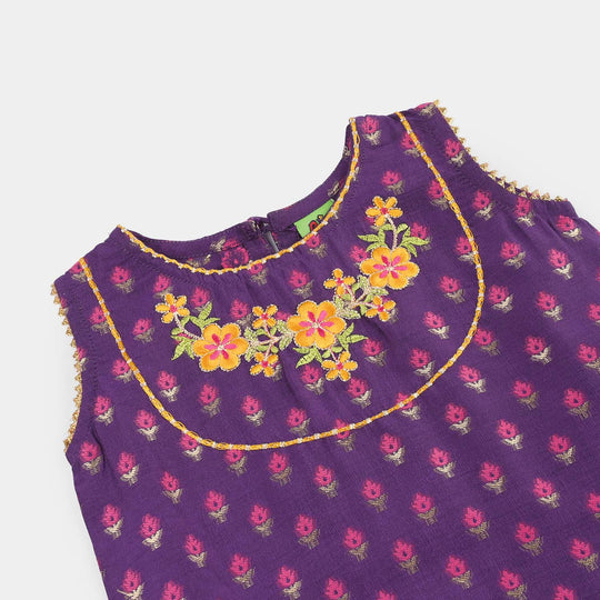 Infant Girls Cotton Jacquard Embroidered 2-Piece Set (Munni) - Purple